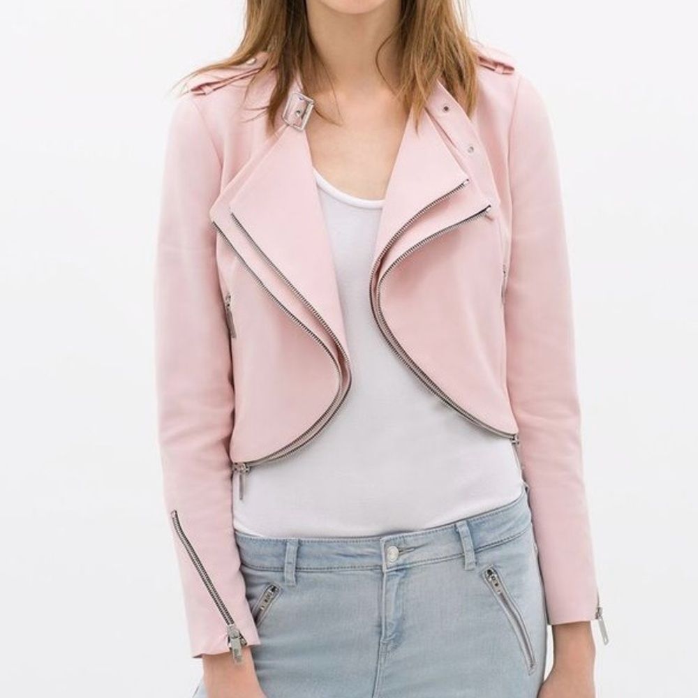 Zara Women's Pink Cropped Moto Jacket, Size S